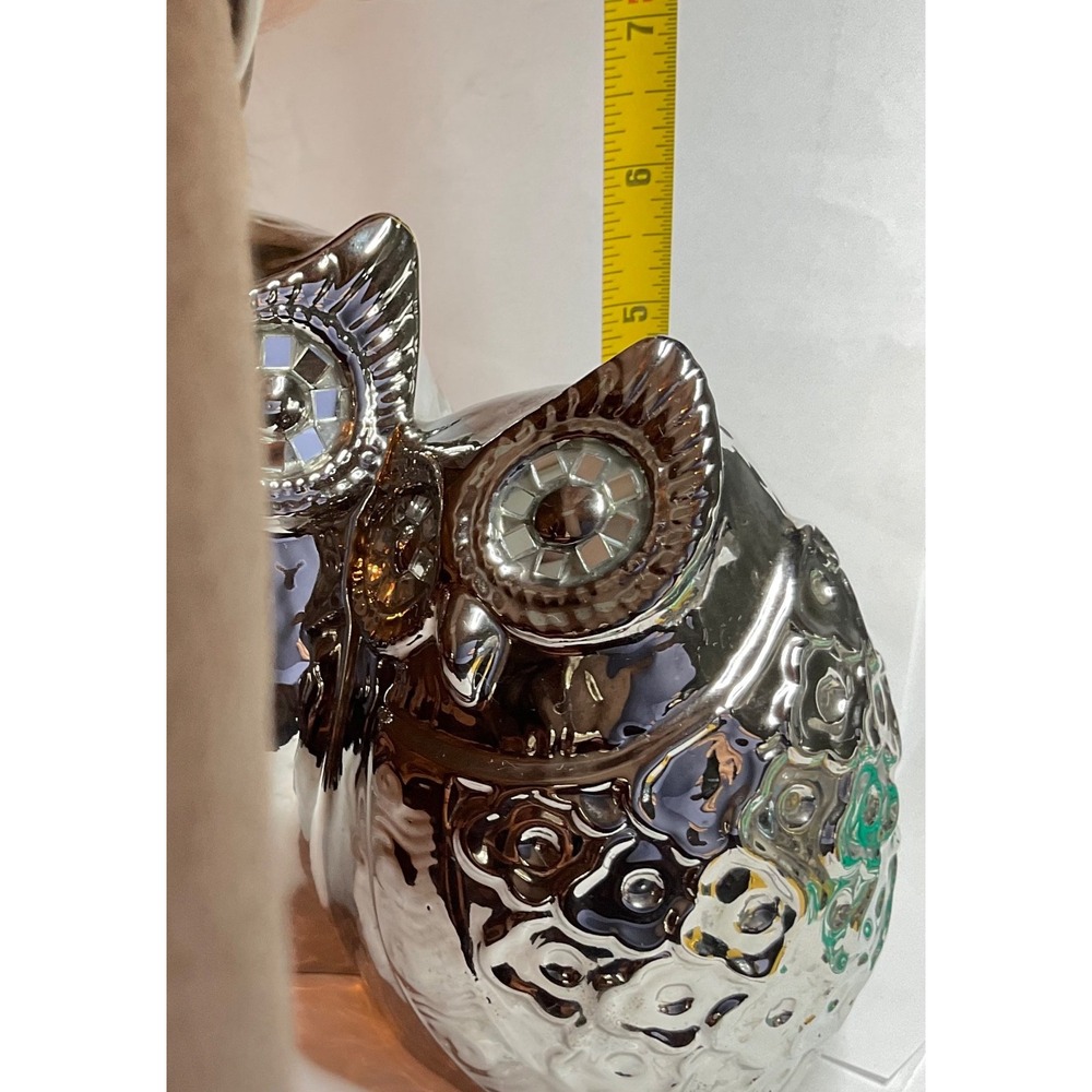 Chrome-Silver Double Owl Couple Figurine Mirrored,High-Shine Glazed Mosaic Eyes - Picture 5 of 8